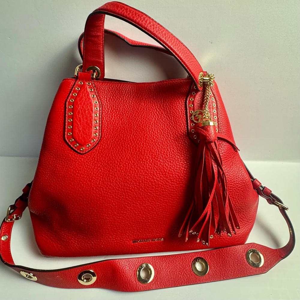 Michael Kors Red Pebbled Satchel Bag w/ Gold Hardware & Tasse Shoulder Crossbody